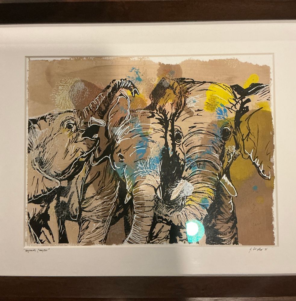 Painting of three elephants by @solexposure.bsky.social
Watercolor and ink. The painting is titled “Welcoming Committee”.