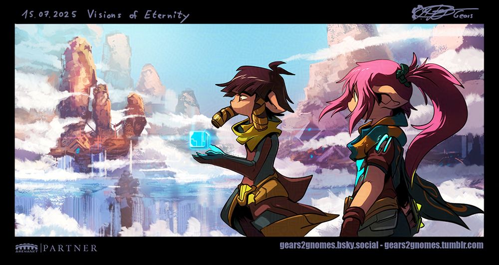 Two Asura are standing on a cliff and look over the isle of Castora.