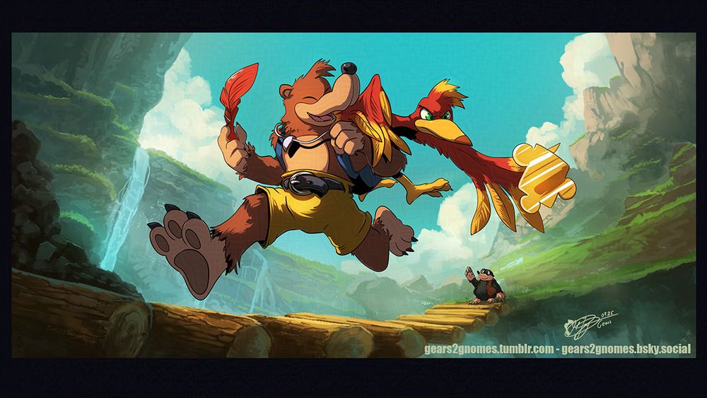 Bear and Bird running over a bridge.