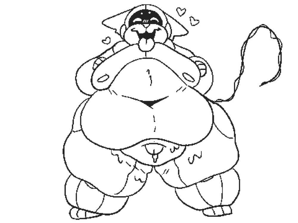 Obese cyborg dog-man showing off his sweaty crotch. His goods only barely poke out from his fat pad.