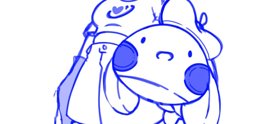 Recorte del boceto de mi nuevo autorretrato, en el que se enfoca una ballena de peluche sonriente con una boina siendo agarrado contra mi cadera. // Cropped screenshot of my new self portrait, in which a smiling  whale plushie wearing a beret is seen being held against my hip. 