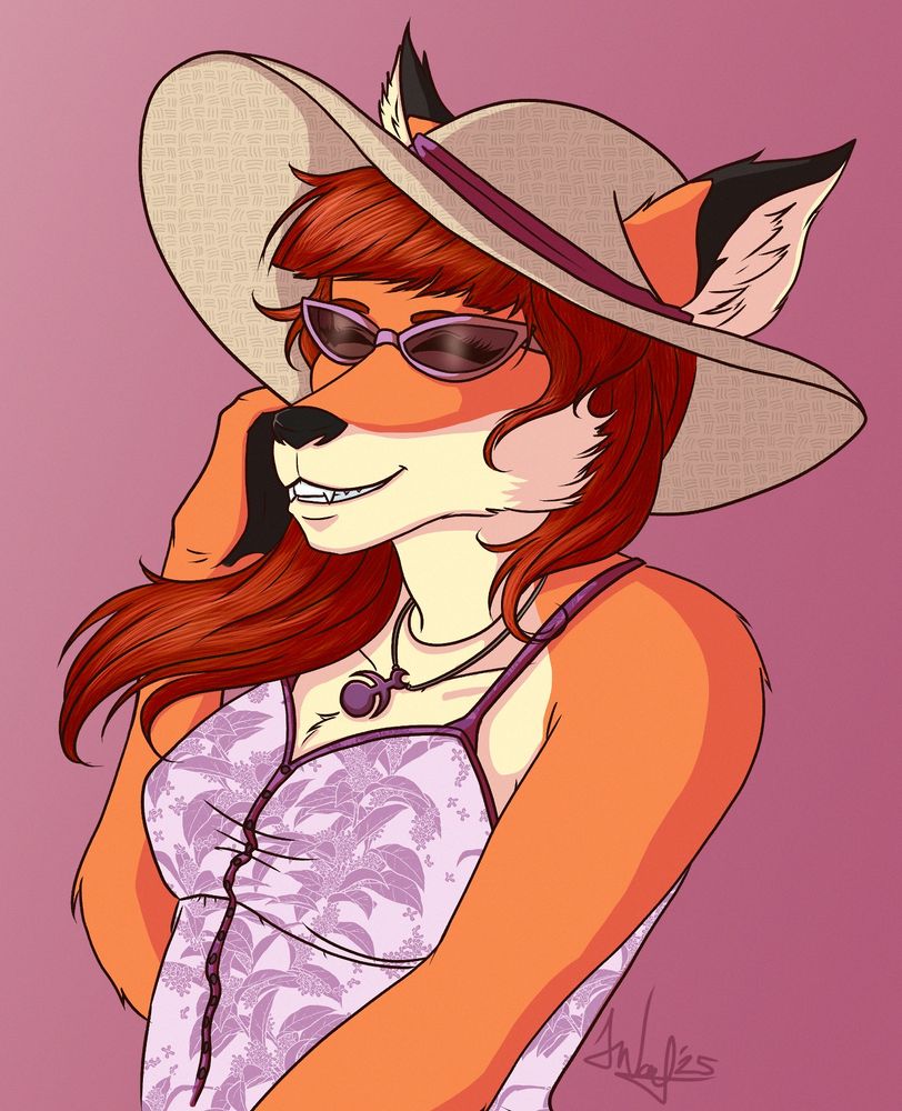 a drawing of a lady fox fursona in a pink floral sundress, sunglasses, and a sun hat.