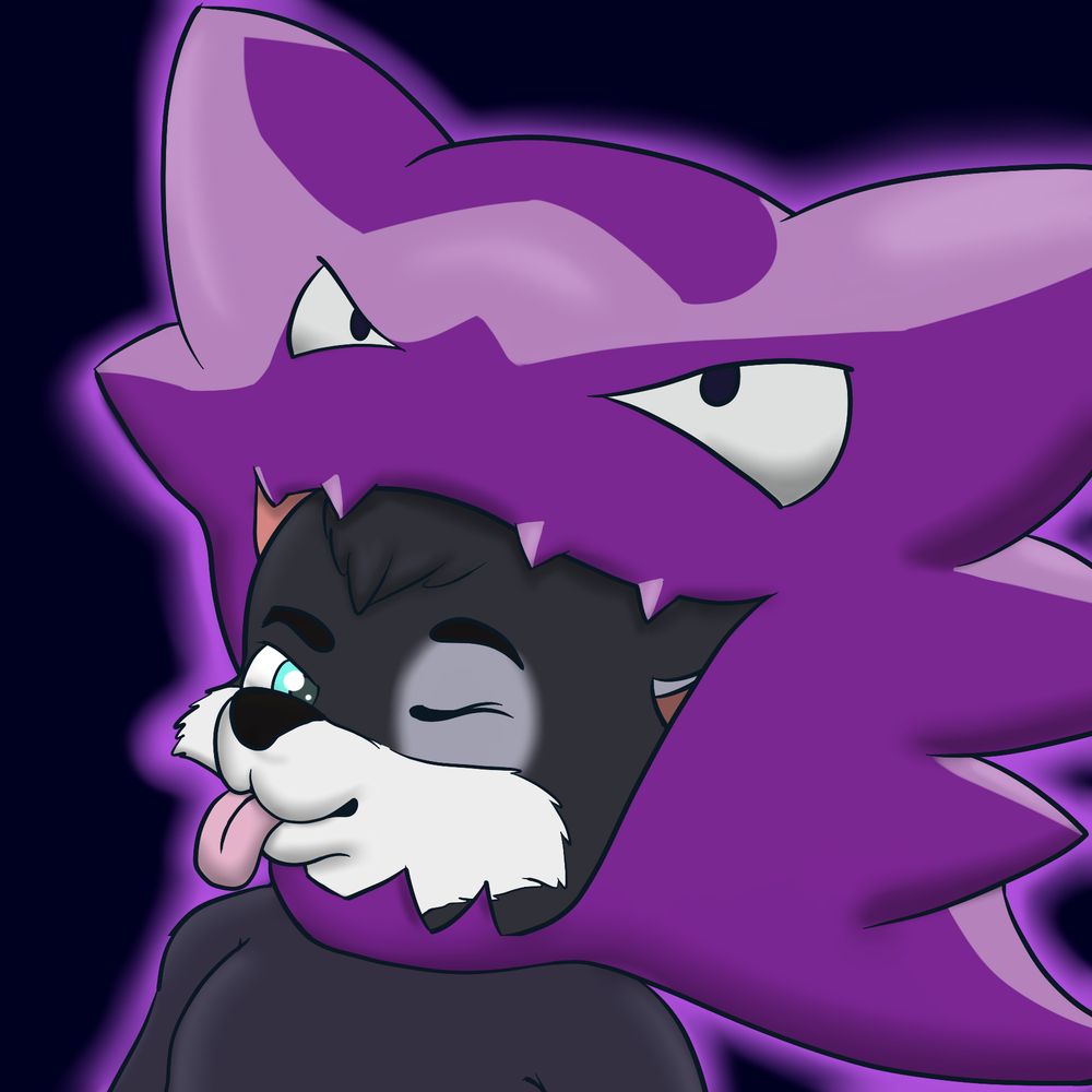 An oversize Haunter mask being worn by a silver fox kit