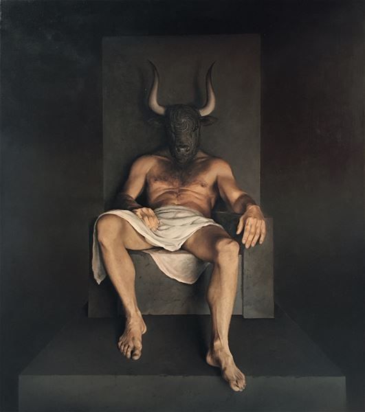 A realistic painting of a minotaur. 