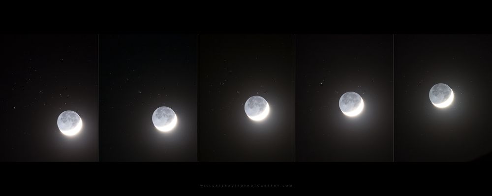 A time series of photographs showing the disc of the Moon passing in front of the stars of the Pleiades cluster