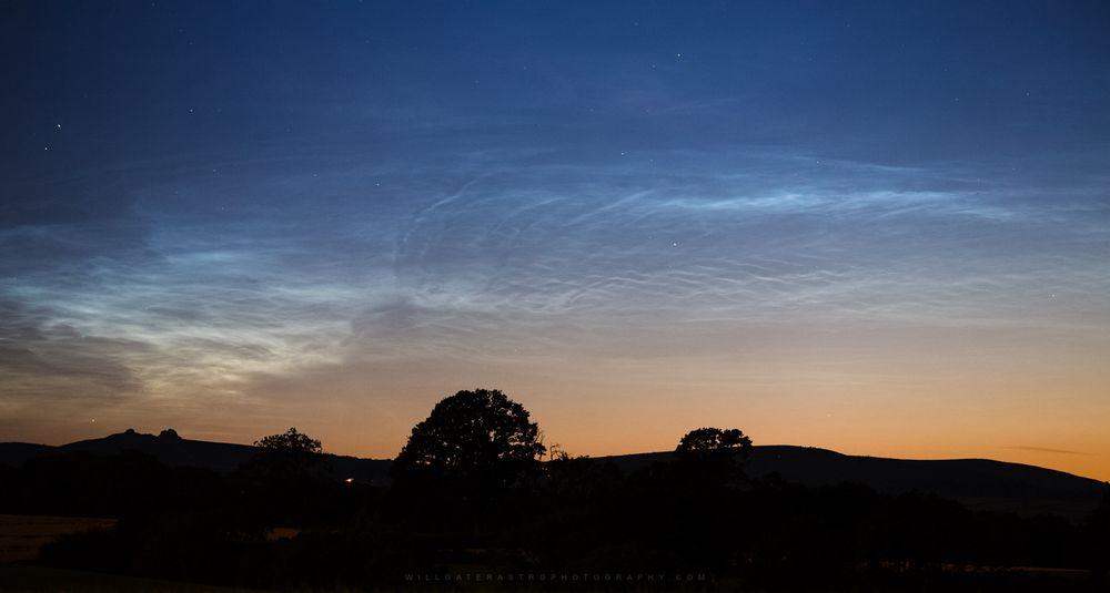 A photo of noctilucent clouds over a silhouetted landscape. The background sky has a strong twilight gradient from yellow-orange near the horizon to pastel blue at the top. The noctilucent clouds stand out as bright white-blue tendrils. 