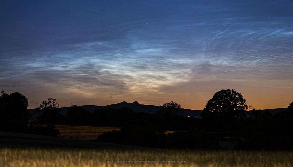 A photo of noctilucent clouds over a silhouetted landscape. The background sky has a strong twilight gradient from yellow-orange near the horizon to pastel blue at the top. The noctilucent clouds stand out as bright white-blue tendrils. 