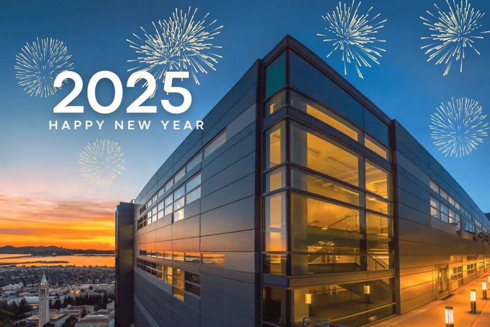 Graphic of Berkeley Lab's Wang Hall at sunset with UC Berkeley and Campanile in the background and fireworks in the sky. 