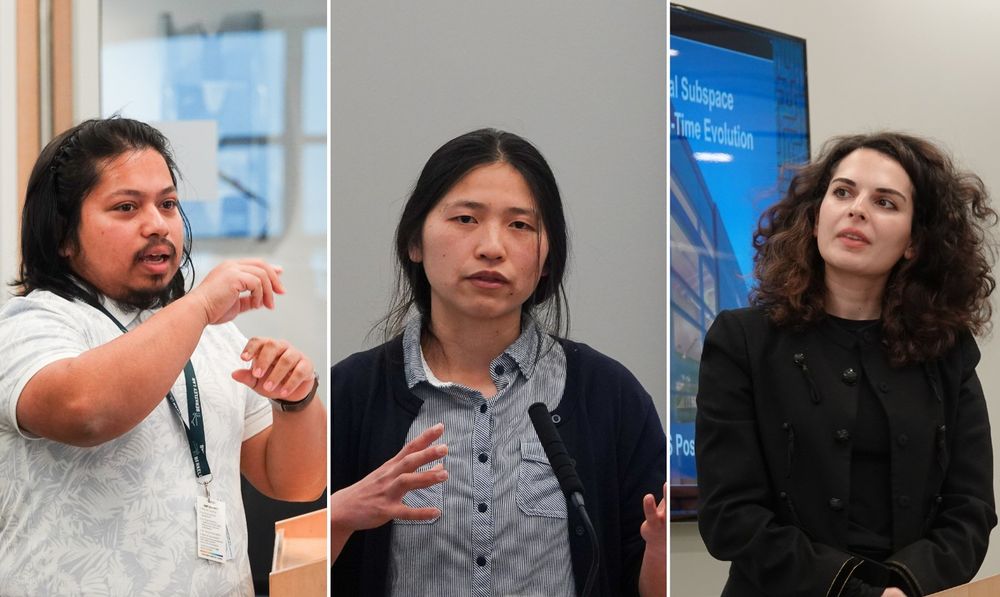 A collage of three postdoctoral researchers presenting their work at the Berkeley Lab Computing Sciences Postdoc Symposium. The first researcher is gesturing with their hands while speaking. The second researcher is standing at a podium, explaining their research with hand movements. The third researcher is wearing a black jacket in front of a screen displaying a presentation slide.