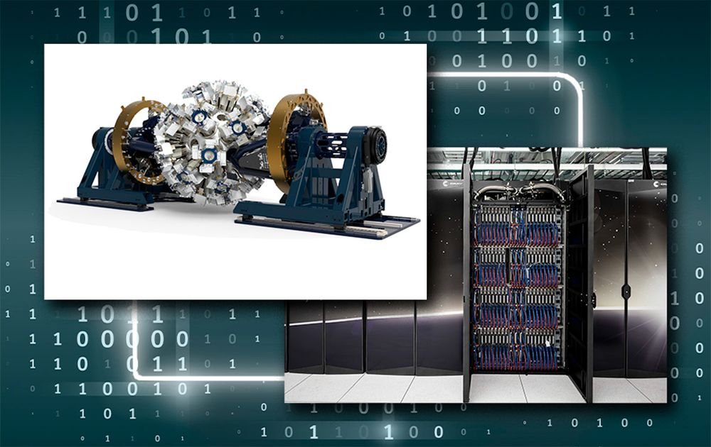 Composite image showing a nuclear physics detector (left) and a supercomputer (right), overlaid on a background of binary code, representing the connection between experimental data collection and high-performance computational analysis.