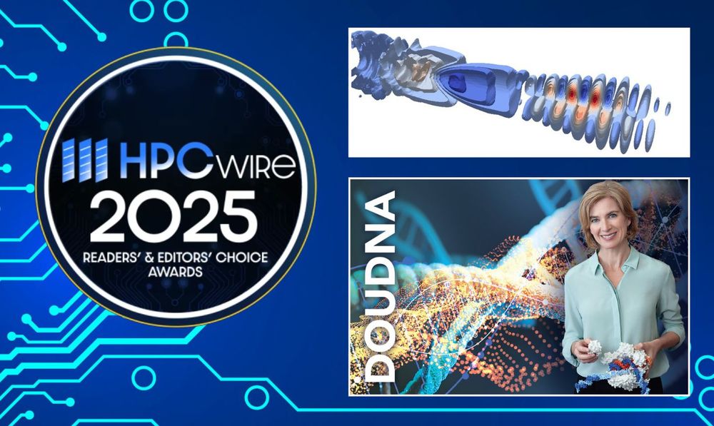 A digital graphic with a blue circuit board background. On the left is a large circular badge featuring the text “HPCWIRE 2025 Readers’ & Editors’ Choice Awards.” On the right, two images are stacked: above, a scientific visualization with blue and orange isosurfaces; below, a person in a light blue shirt holding a molecular model, set in front of a DNA helix graphic and the word "DOUDNA" written vertically along the left edge.