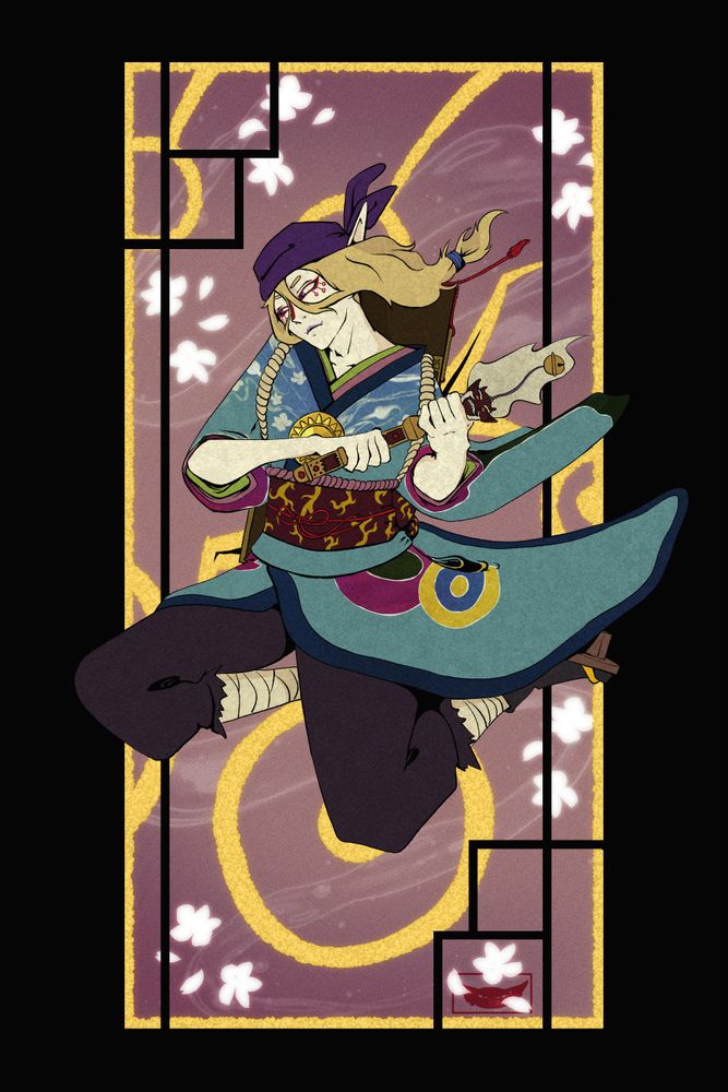 Medicine Seller in the air holding the sword at the ready, looking down at something offscreen, in front of a muted pink-purple background