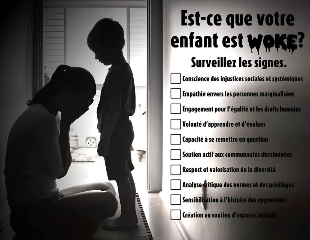 Est-ce que votre enfant est WOKE?

Surveillez les signes.

Conscience des injustices sociales et systémiques.

Empathie envers les personnes marginalisées.

Engagement pour l'égalité et les droits humains.

Volonté d'apprendre et d'évoluer.

Capacité à se remettre en question.

Soutien actif aux communautés discriminées.

Respect et valorisation de la diversité.

Analyse critique des normes et des privilèges.

Sensibilisation à l'histoire des oppressions.

Création ou soutien d'espaces inclusifs.