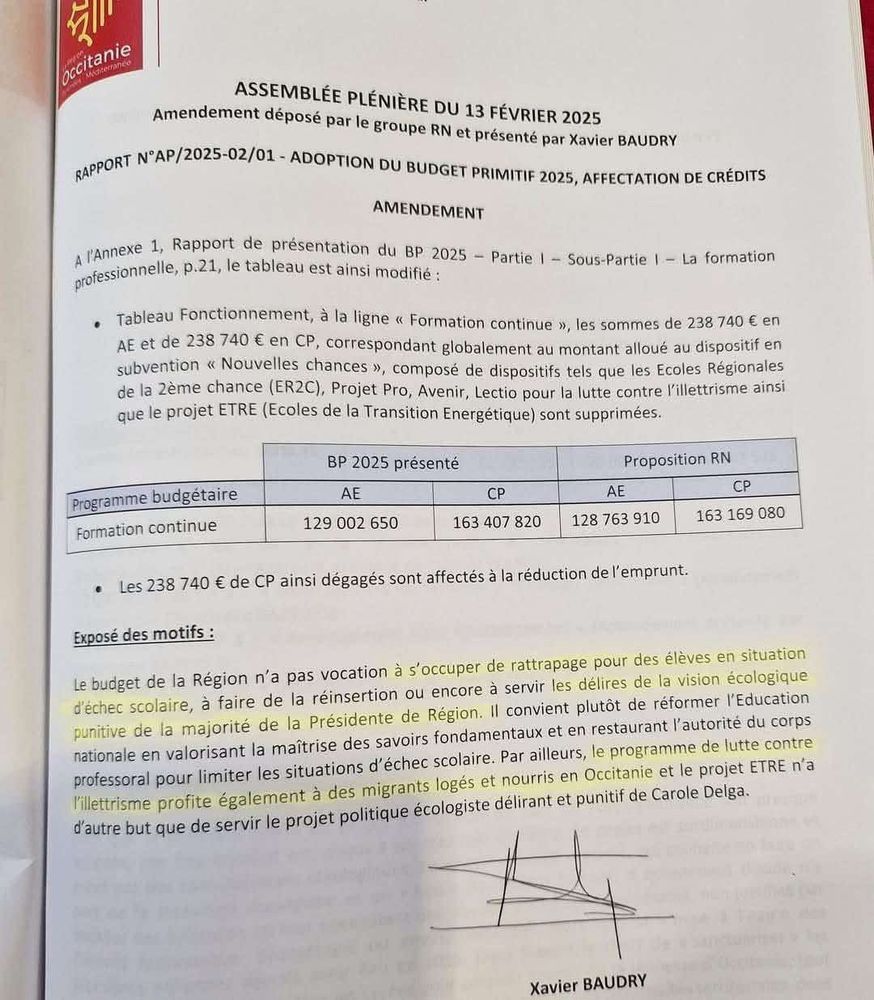 Occitanie

ASSEMBLÉE PLÉNIÈRE DU 13 FÉVRIER 2025 Amendement déposé par le groupe RN et présenté par Xavier BAUDRY

-RAPPORT N°AP/2025-02/01 - ADOPTION DU BUDGET PRIMITIF 2025, AFFECTATION DE CRÉDITS

AMENDEMENT

A l'Annexe 1, Rapport de présentation du BP 2025. professionnelle, p.21, le tableau est ainsi modifié: Partie I Sous-Partie 1 La formation

Tableau Fonctionnement, à la ligne << Formation continue », les sommes de 238 740 € en AE et de 238 740 € en CP, correspondant globalement au montant alloué au dispositif en subvention << Nouvelles chances >», composé de dispositifs tels que les Ecoles Régionales de la 2ème chance (ER2C), Projet Pro, Avenir, Lectio pour la lutte contre l'illettrisme ainsi que le projet ETRE (Ecoles de la Transition Energétique) sont supprimées.

Les 238 740 € de CP ainsi dégagés sont affectés à la réduction de l'emprunt.

Exposé des motifs :

Le budget de la Région n'a pas vocation à s'occuper de rattrapage pour des élèves en situation d'échec scolaire, à faire de la réinsertion ou encore à servir les délires de la vision écologique punitive de la majorité de la Présidente de Région. Il convient plutôt de réformer l'Education nationale en valorisant la maîtrise des savoirs fondamentaux et en restaurant l'autorité du corps professoral pour limiter les situations d'échec scolaire. Par ailleurs, le programme de lutte contre l'illettrisme profite également à des migrants logés et nourris en Occitanie et le projet ETRE n'a d'autre but que de servir le projet politique écologiste délirant et punitif de Carole Delga.

Xavier BAUDRY