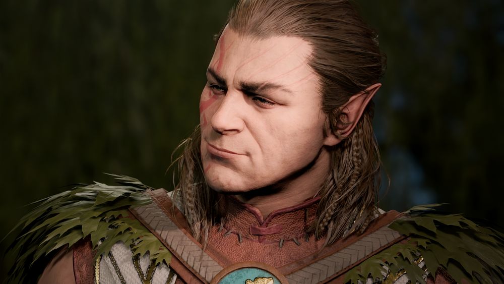 A headshot of Halsin from BG3; he is looking down at someone with considerable fondness, his soft brown hair swept back in its half-braided, half loose style, and wearing his normal robes with the green leaf details on the shoulders.