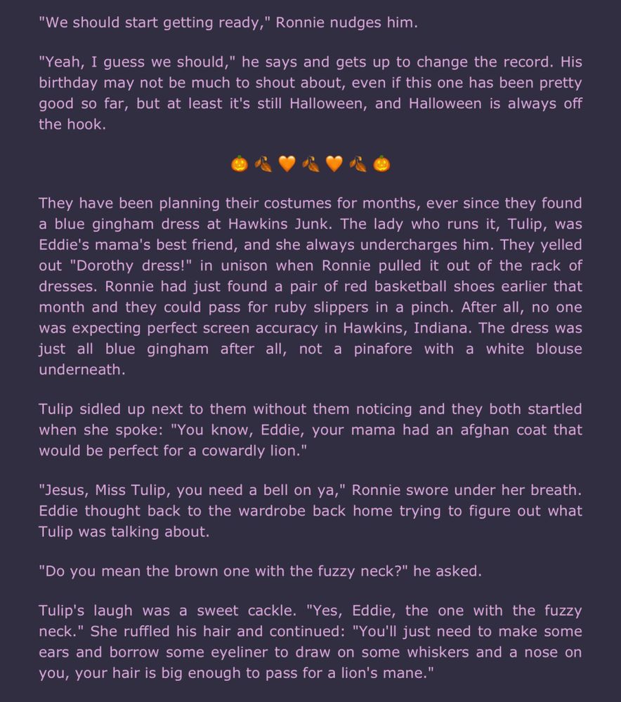 A snippet from The Ballad of Eddie Munson’s Battle Vest by hawkinsleather, of Eddie and Ronnie finding a blue gingham dress in the local thrift store and talking to the thrift store owner who was friends with his mama.