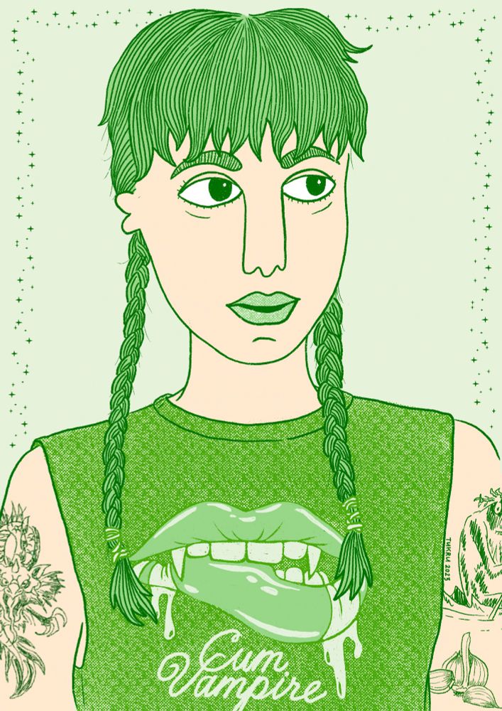 eddie munson with his hair in pigtail braids, he’s wearing a t-shirt with sleeves cutoff that has a dripping mouth with fangs above cursive text that says Cum Vampire. the drawing is all different shades of green