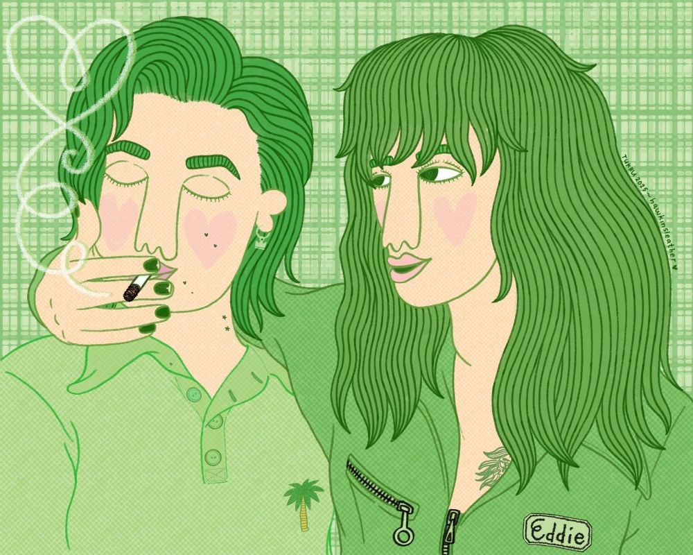 steve taking a drag from a cigarette eddie is holding up to his lips. eddie has his arm draped around steve’s shoulder.