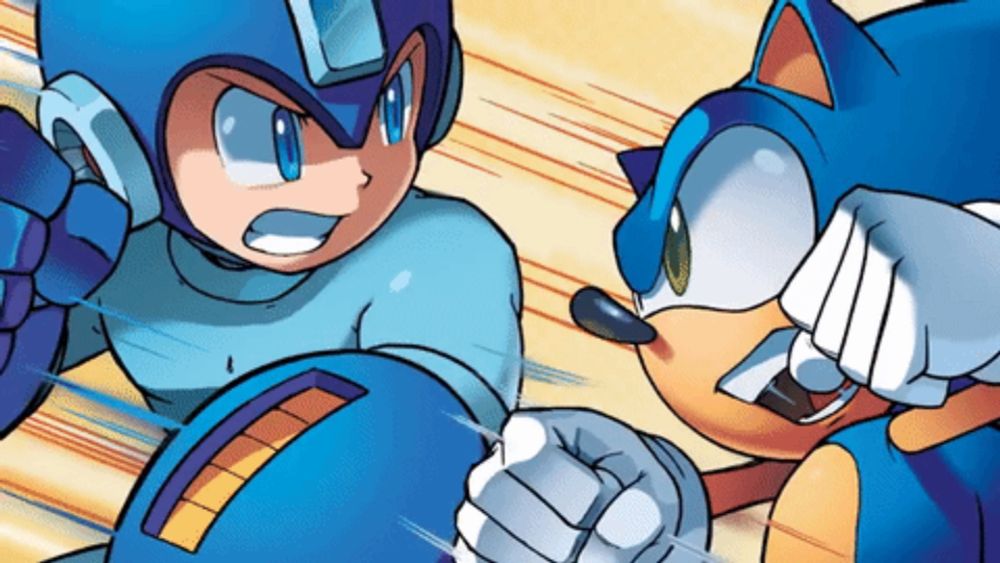 a cartoon drawing of mega man and sonic fighting