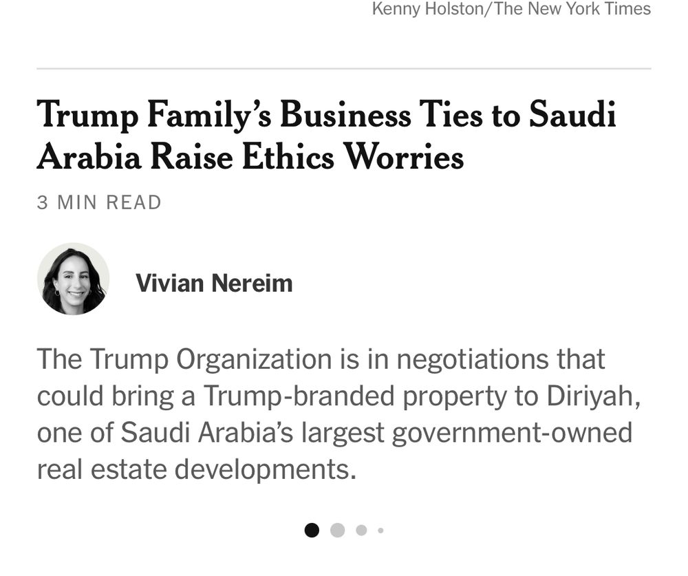 Screenshot of a headline and short summary explaining that the Trump family has business ties to the Saudi government