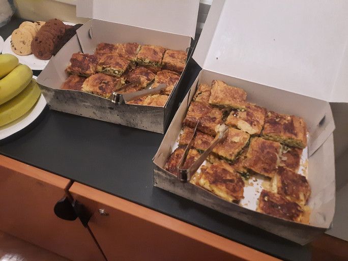 Close-up of snacks and food served during the AntiDop kick-off meeting.