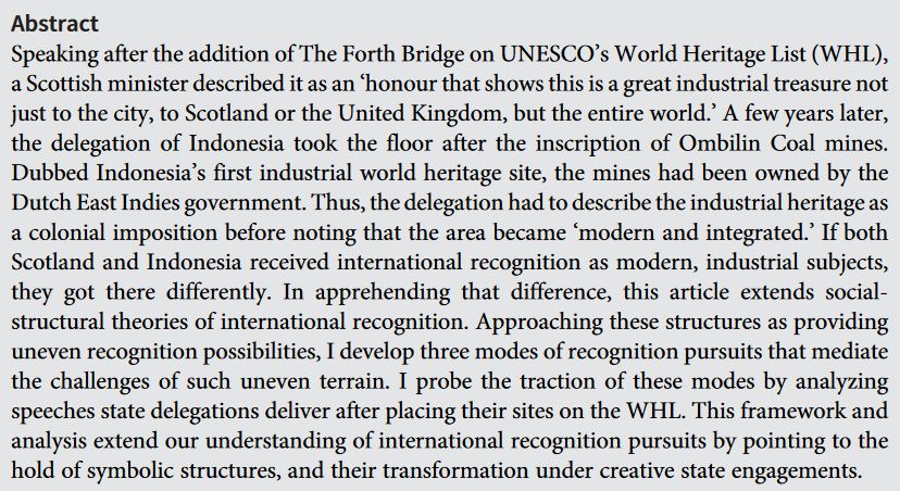 International Theory  abstract discussing the addition of the Forth Bridge on UNESCO's World Heritage List and its impact on Scotland and the United Kingdom, as well as a broader analysis of heritage sites' recognition and symbolic transformations.