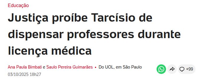 Justiça proíbe Tarcísio de dispensar professores durante licença médica
Ana Paula Bimbati e Saulo Pereira Guimarães - UOL