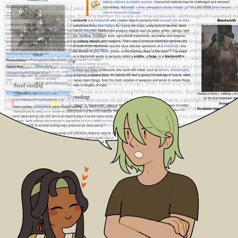 A drawing of Martin infodumping about blacksmithing as Keira smiles on. 