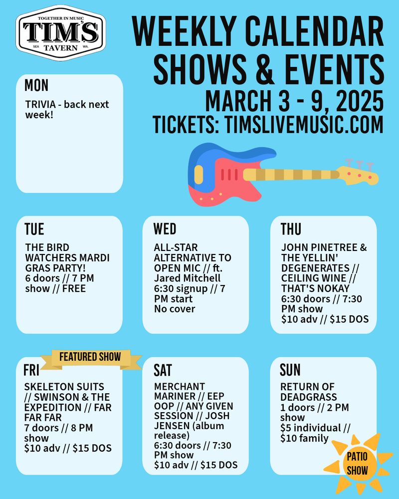 Weekly calendar of all shows and events on timslivemusic.com