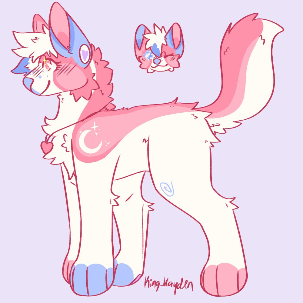 Very pretty pink, cream and purple character, her name is Cloudsie. She has a little moon design on her shoulder and heart necklace! She is also a canine