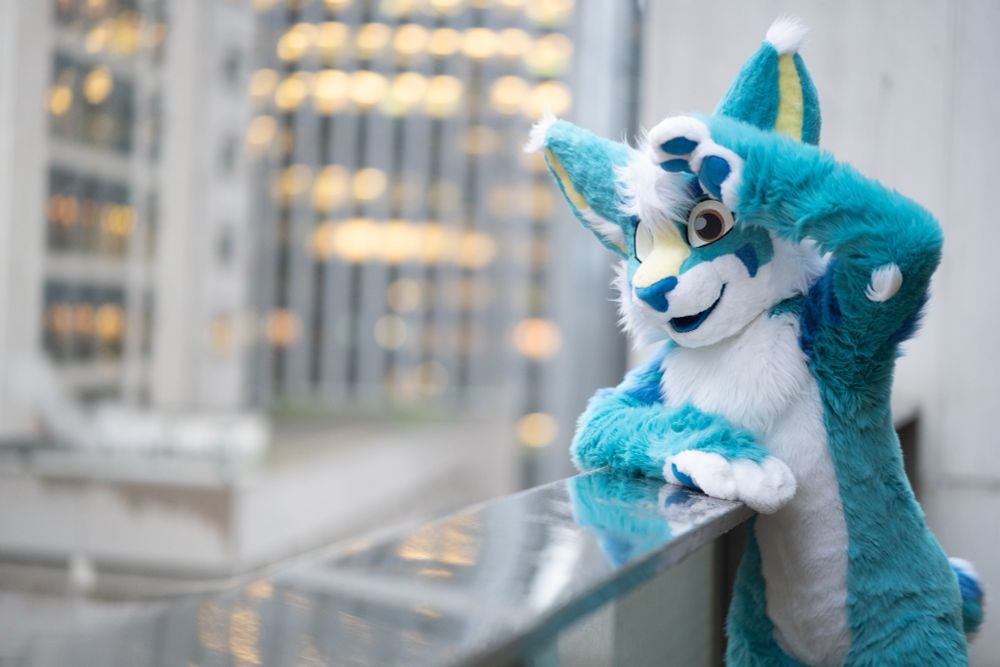 A blue lynx fursuiter with white accents leaning over the railing of a balcony at a hotel, with their arm up to their face as if to shield their eyes. The surrounding cityscape is bright and cold. 