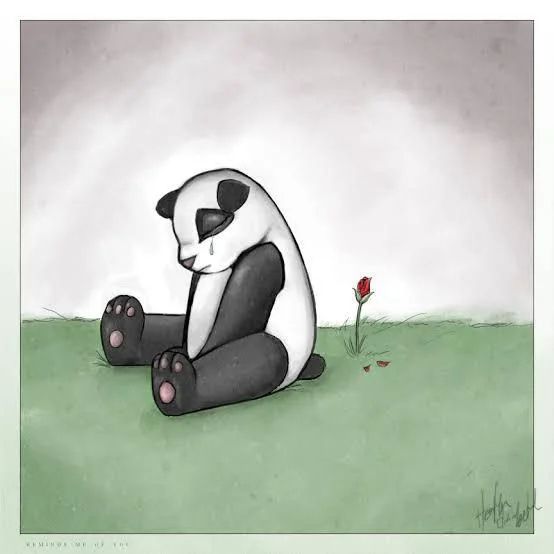 Panda sentado no gramado e chorando com os olhos fechados, está de costas para uma rosa fechada com duas petalas no chão.