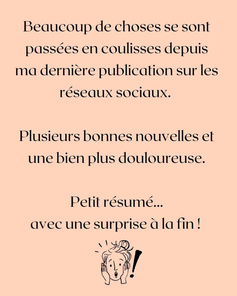 Beaucoup de choses se sont passées en coulisses depuis ma dernière publication sur les réseaux sociaux.
Plusieurs bonnes nouvelles et une bien plus douloureuse.
Petit résumé... avec une surprise à la fin !