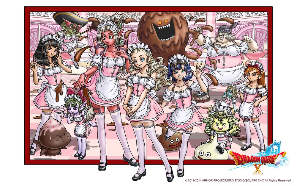 Official art for Dragon Quest 10 of various female characters for Valentine's day. They're all wearing the same pink dress with a white apron. In the front, Anlucia, Seraphi, and Queen Arwe look to the camera with smiles, the queen riding on a Slime's back. Mjoll lifts the skirt of her dress slightly, unhappy at a large glob of chocolate that has landed on it, Kuraha looking shocked at the flying drops hitting both women. Oblivious to the mess, Fuura observes a Chocolate Whisp curiously, which in turn looks uncomfortable. On the other side, Lizelotta stands with a frown and her fists on her hips. In the back, Sage Marine fights a large chocolate monster, gripping part of its body in one hand and her other drawn back in a fist. Somya watches in fright from the floor. Poikkurin dodges the chocolate drops flung from the monster with a grin.