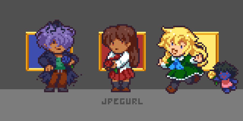 Pixel art of Garry, Ib, Mary, and a Blue Doll from the game Ib.