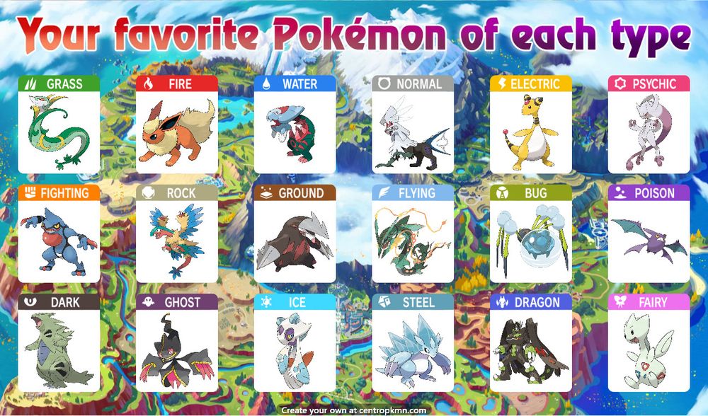 Favorite pokemon by type: Grass Serperior, Fire Flareon, Water Dracovish, Normal Silvally, Electric Ampharos, Psychic Mega Mewtwo Y, Fighting Toxicroak, Rock Archeops, Ground Excadrill, Flying Mega Rayquaza, Bug Araquanid, Poison Crobat, Dark Tyranitar, Ghost Mega Banette, Ice Froslass, Steel Alolan Sandslash, Dragon Zygarde-Complete, Fairy Togetic