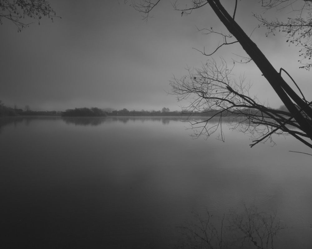 Still lake, in monochrome