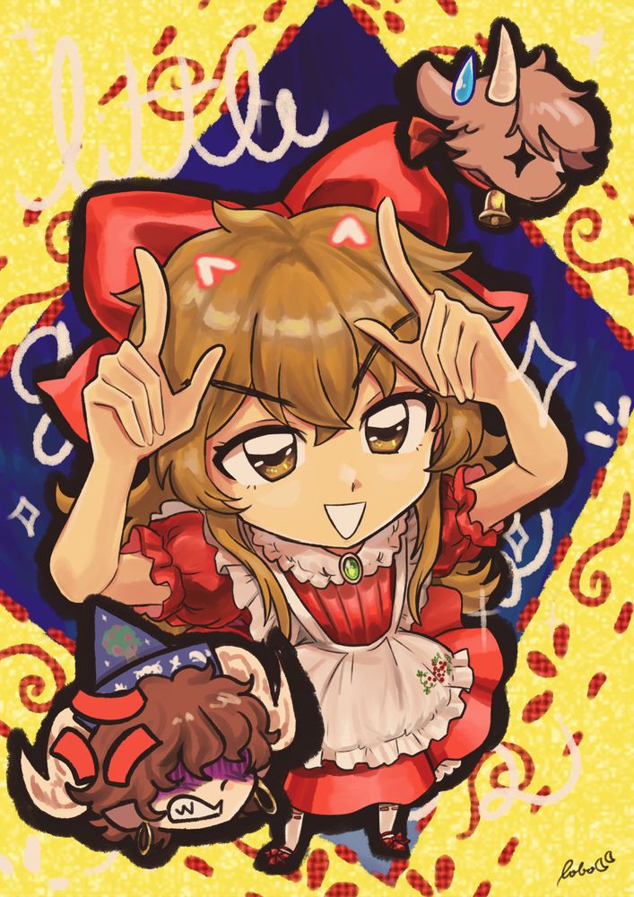 fanart da personagem elise do jogo little goody two shoes. ela está fazendo chifrinho com as mãos bem diabinha e sorrisinho sapeca. ao redor dela tem o cabrito flocke e o menino "estranho"