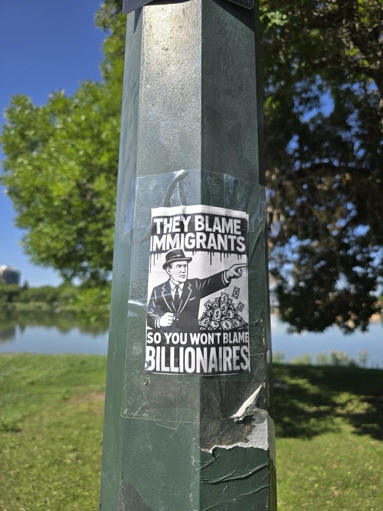 A color photograph taken on a clear, sunny afternoon in City Park, Denver, showing a green-painted metal post standing on a grassy lawn beside one of the park’s lakes. Wrapped around the post with clear tape is a black-and-white protest sticker roughly 6×4 inches in size. The sticker’s top line, in bold block letters dripping like fresh paint, reads:

THEY BLAME
IMMIGRANTS

Below that is a retro-style illustration of a man in a suit and fedora, his right arm outstretched, finger pointing emphatically to the right. At his feet is a cartoonish pile of paper bills. Underneath the image, also in bold capitals, the sticker concludes:

SO YOU WON’T BLAME
BILLIONAIRES

In the background, across a stretch of well-kept grass, you can see the calm surface of the lake, scattered trees with full green foliage, and a bright blue sky. The scene conveys a moment of guerrilla messaging pasted into a familiar public park setting.