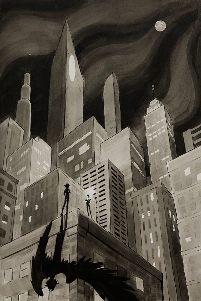 an ink wash drawing of a two figures standing on a distant rooftop in the city at night. one has glowing hair and crossed arms while the other casts a large shadow with wings down the side of a building. 