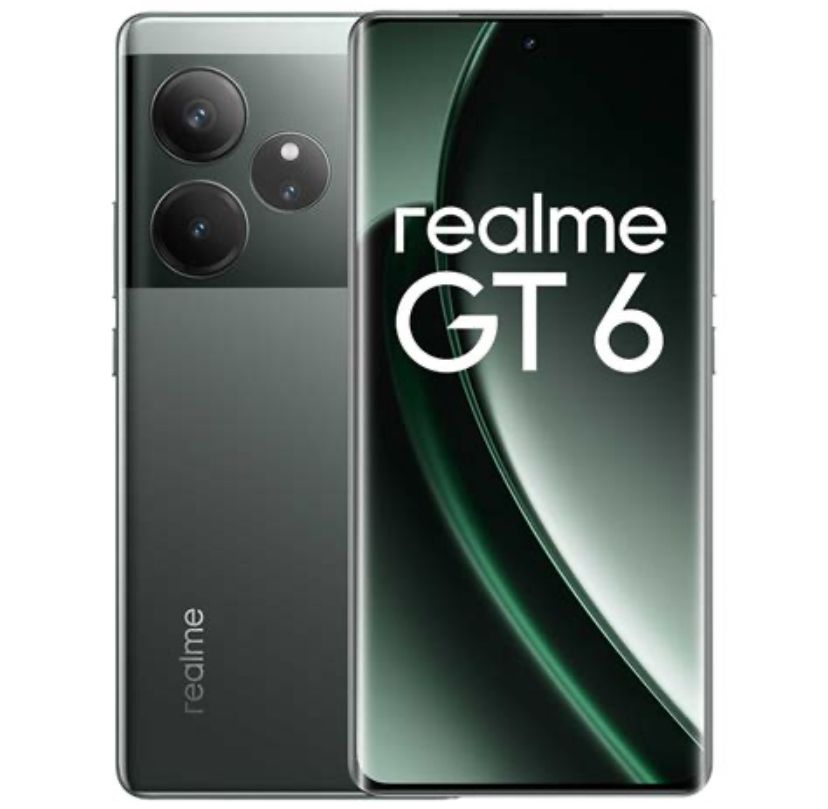 Realme GT6, es de lineas muy sencillas con la carcasa de un gris muy oscuro, casi negro y su tono verde oliva.