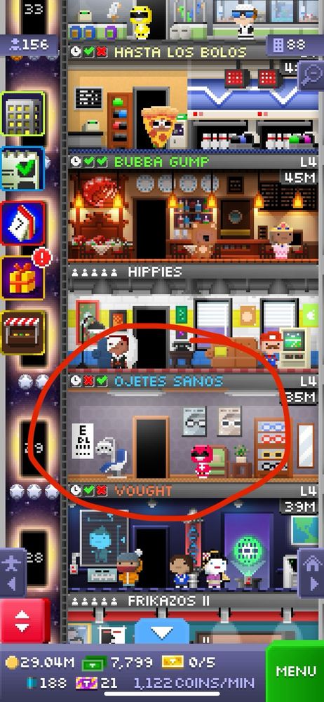 Captura de pantalla del juego Tiny Tower, in juego para móviles y tablets donde vas construyendo un edificio y cada planta es diferente. Hay pisos de comercios, residenciales, de servicios… y en ambas capturas se ve una óptica con el nombre “ojetes sanos”.