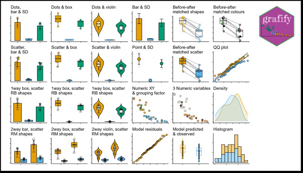 Sample of 24 different types of graphs that can be made with the grafify R package, including "Dots, bar & SD", "Dots & gox", "Bar & SD", "Dots & violin". Also shows grafify hex logo.