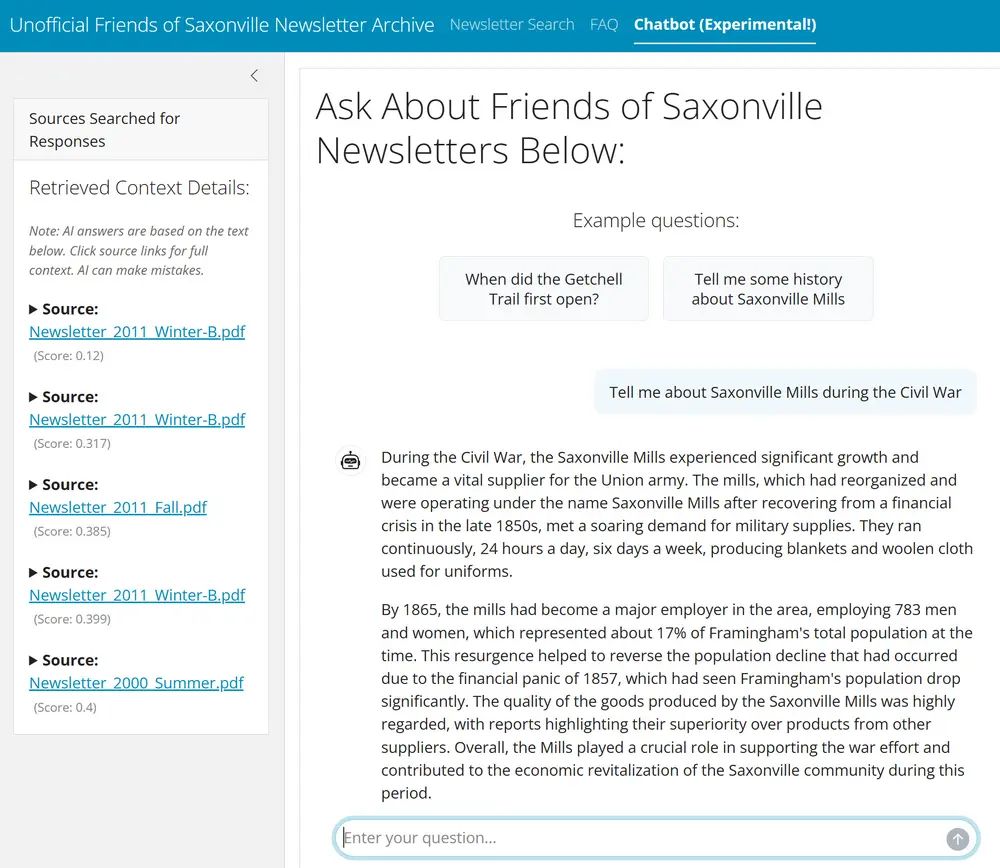 Screenshot of a chatbot that's answering the question 'Tell me about Saxonville Mills during the Civil War'. On the left sidebar is a list of 5 hyperlinked newsletters under "Source searched for responses"