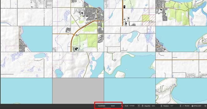 "A tile puzzle game created from a map of Cold Lake, Alberta using the OpenTopo basemap. It shows the bottom panel of QGIS where "bored" has been entered for the coordinates." Image & alt text also via Corvus