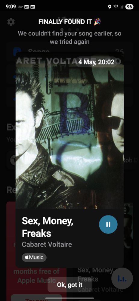 A screenshot of Shazam having fo
und a song two days about a day after I had tried to find out what it was in a fairly loud restaurant.