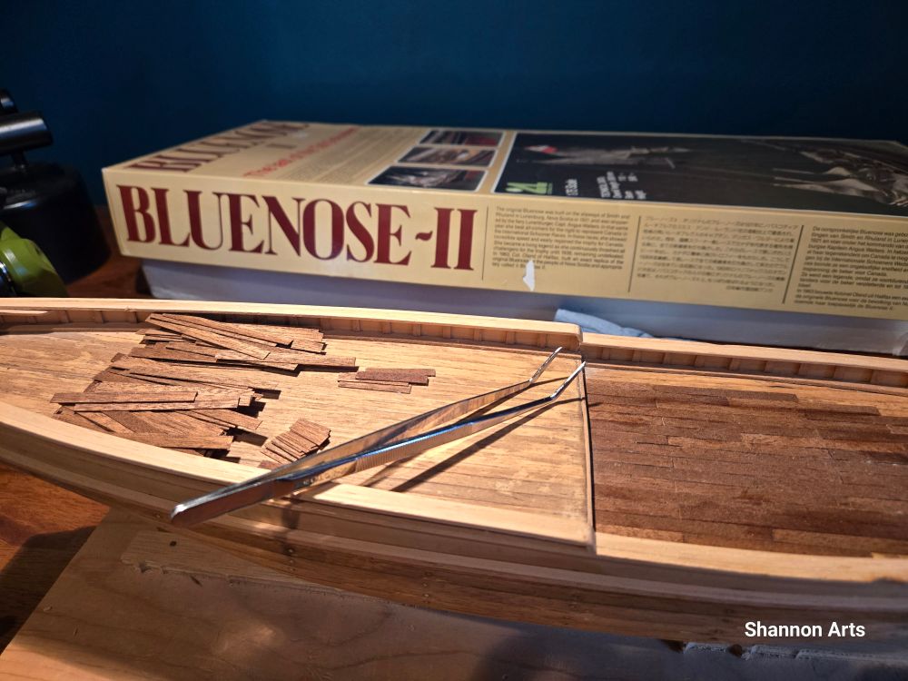 Bluenose Schooner wooden ship model being worked on. Teak planking being glued down on unfinished hull. 1:75 scale model. Tweezers laying across the top are my main tool.