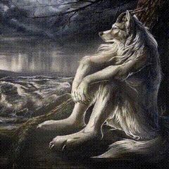 a painting of a wolf sitting on a rock looking out over a body of water