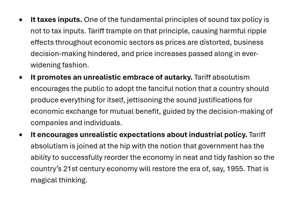 It taxes inputs. 

It promotes an unrealistic embrace of autarky. 

It encourages unrealistic expectations about industrial policy. 