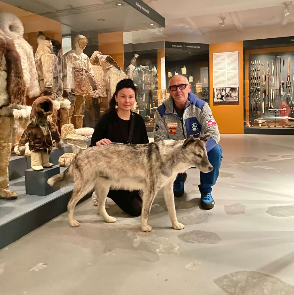 With expedition leader Manuel Calvo Villena and Milak, a sled dog I met and petted during fieldwork in Uummannaq. Seeing her again, now part of the museum’s collection, was emotional.